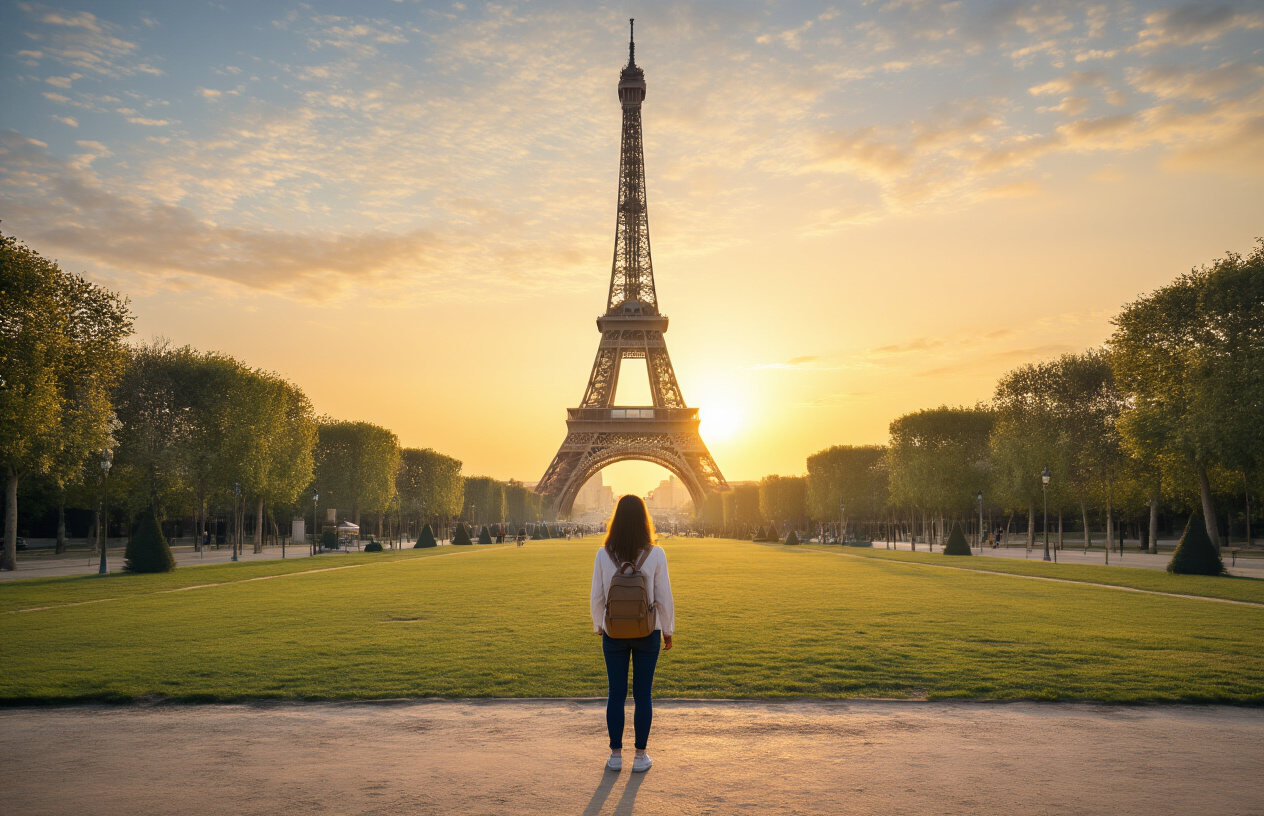 realistic image of an early morning scene at the Eiffel Tower in Paris, with the iconic structure rising against a soft golden sunrise sky, the surrounding Champ de Mars park nearly empty and peaceful, a lone white female tourist standing at a distance admiring the view with a small backpack, the scene bathed in warm morning light casting long shadows, creating a serene and uncrowded atmosphere that contrasts with the typical busy tourist experience, with lush green grass and a clear sky enhancing the tranquil mood. Absolutely NO text should be in the scene.