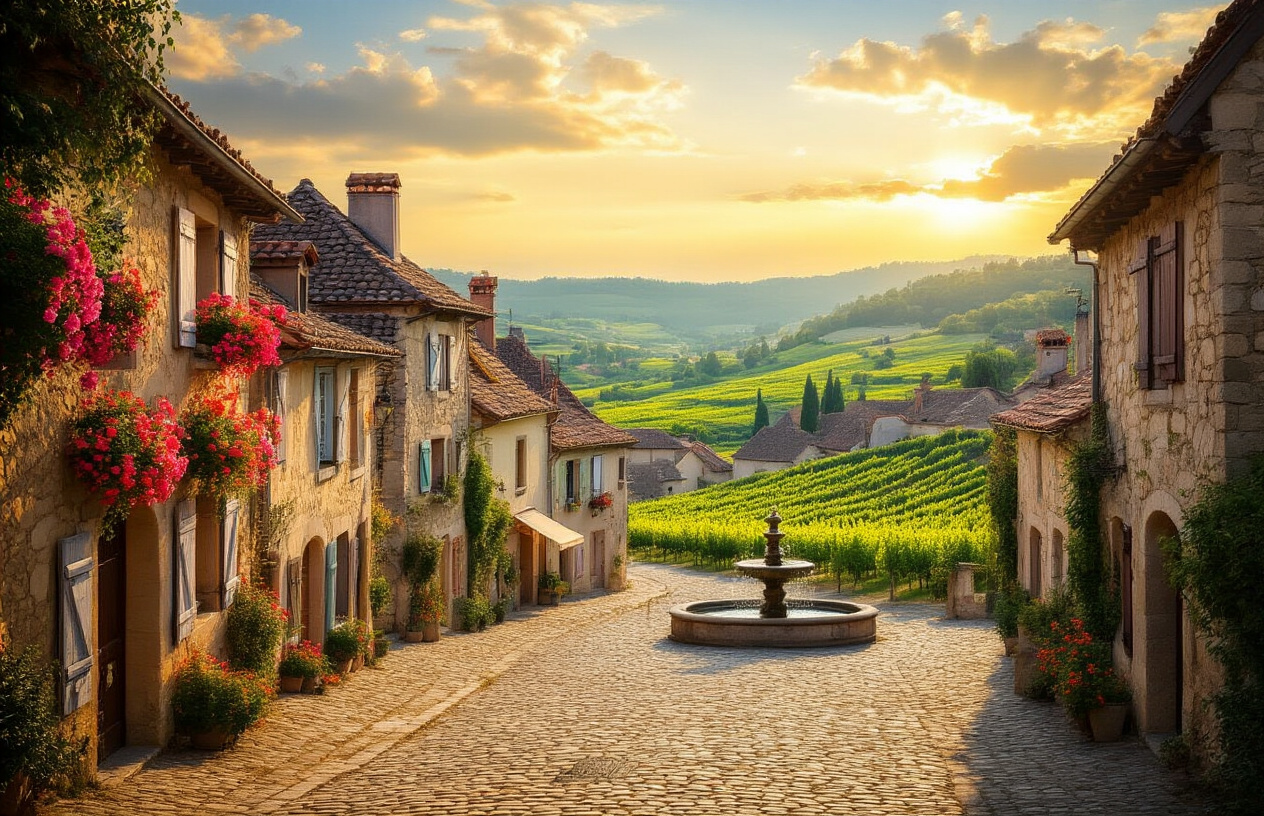 realistic image of a charming, lesser-known French village with colorful medieval architecture, a quiet cobblestone street lined with flower-adorned stone buildings, a peaceful town square with a small fountain, rolling green hills or vineyards visible in the background, warm golden afternoon sunlight casting a soft glow over the scene, an inviting and serene atmosphere with no crowds, evoking the beauty of undiscovered rural France. Absolutely NO text should be in the scene.