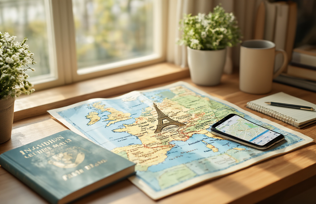 realistic image of a well-organized travel planning setup on a wooden desk featuring a map of France with Paris landmarks highlighted, a travel guidebook, a smartphone displaying a map app, and a small notebook with a pen, set in a bright and cozy home office environment with warm natural lighting streaming through a window, conveying a sense of smart and thoughtful trip preparation, with a calm and focused mood. Absolutely NO text should be in the scene.