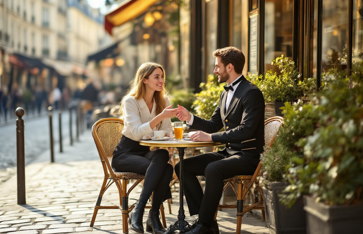 realistic image of a white female traveler sitting at a small Parisian sidewalk cafƩ table, confidently greeting a friendly white male waiter in a traditional black and white server uniform, the traveler gesturing politely and naturally as if ordering in French, a warm and relaxed atmosphere with soft golden afternoon light, classic Parisian architecture and potted plants in the background, the scene conveying cultural connection and ease rather than tourist awkwardness, intimate and authentic mood. Absolutely NO text should be in the scene.