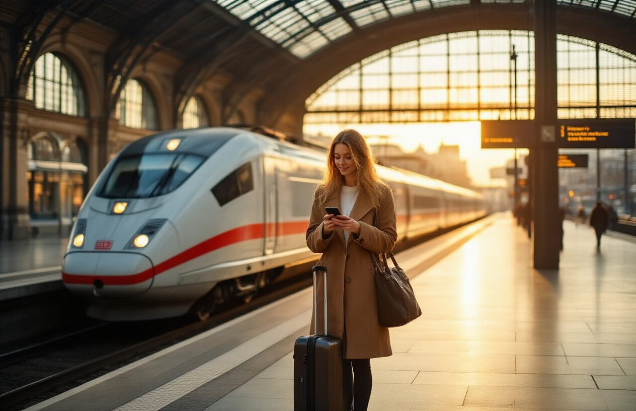 realistic image of a confident white female traveler standing on a clean, modern German train platform with a sleek high-speed ICE train beside her, her rolling suitcase nearby, looking relaxed and satisfied as she checks her smartphone, the platform bathed in warm golden late-afternoon light streaming through large glass station windows, conveying a sense of successful and stress-free travel, with a blurred background showing the grand architecture of a busy German train station. Absolutely NO text should be in the scene.