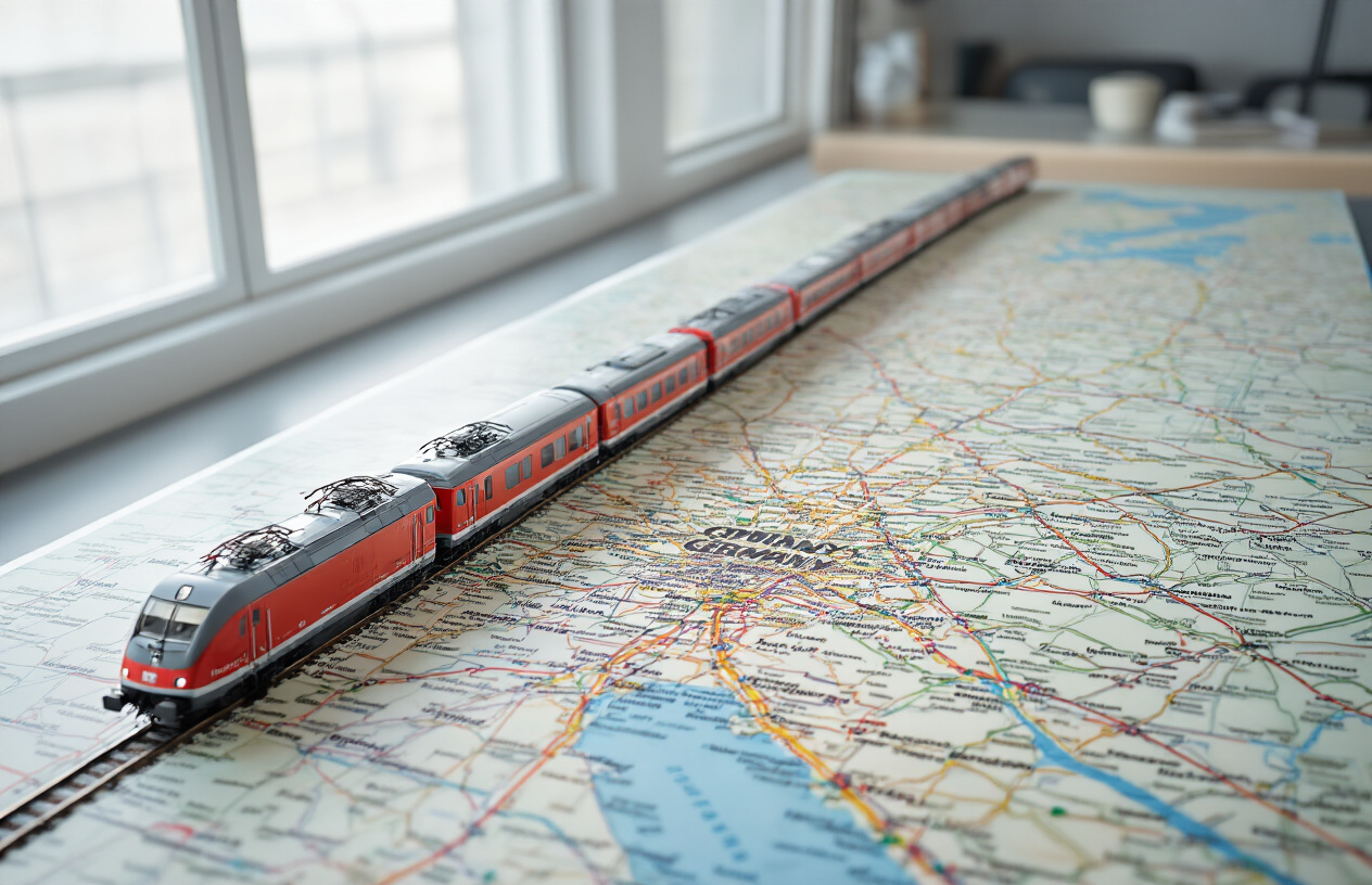 realistic image of a large, detailed map of Germany's railway network spread out on a flat surface, showing interconnected train routes across major cities, with a miniature model Deutsche Bahn red and white train placed on top of the map, set against a clean, well-lit workspace background, conveying an informative and organized mood, with soft overhead lighting highlighting the intricate network of train lines. Absolutely NO text should be in the scene.