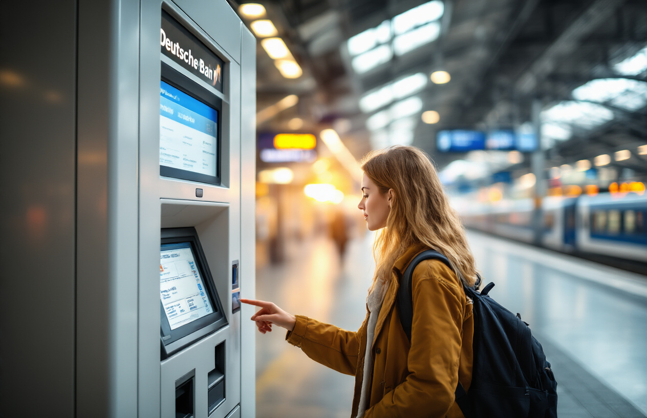 realistic image of a white female traveler standing at a modern Deutsche Bahn ticket vending machine inside a bright German train station, carefully selecting options on the touchscreen display, with a backpack beside her, the station's sleek interior and train platforms visible in the blurred background, warm overhead lighting casting a focused glow on the machine, conveying a sense of smart, confident navigation. Absolutely NO text should be in the scene.