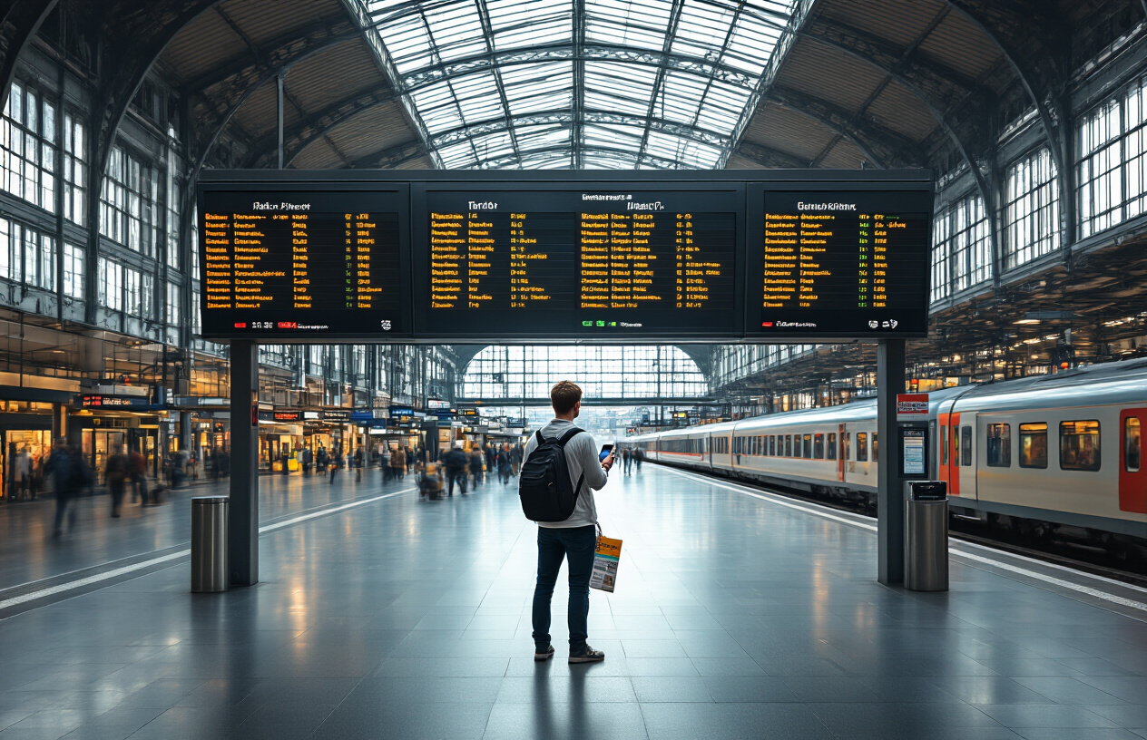 realistic image of a large digital departure board at a busy German train station displaying multiple train schedules with colorful indicators, with a white male traveler standing in front of it holding a smartphone and a printed train ticket, studying the connections carefully, surrounded by the bustling station environment with modern architecture, natural light streaming through glass ceilings, and a sense of organized complexity, capturing a focused and slightly overwhelmed yet determined mood. Absolutely NO text should be in the scene.