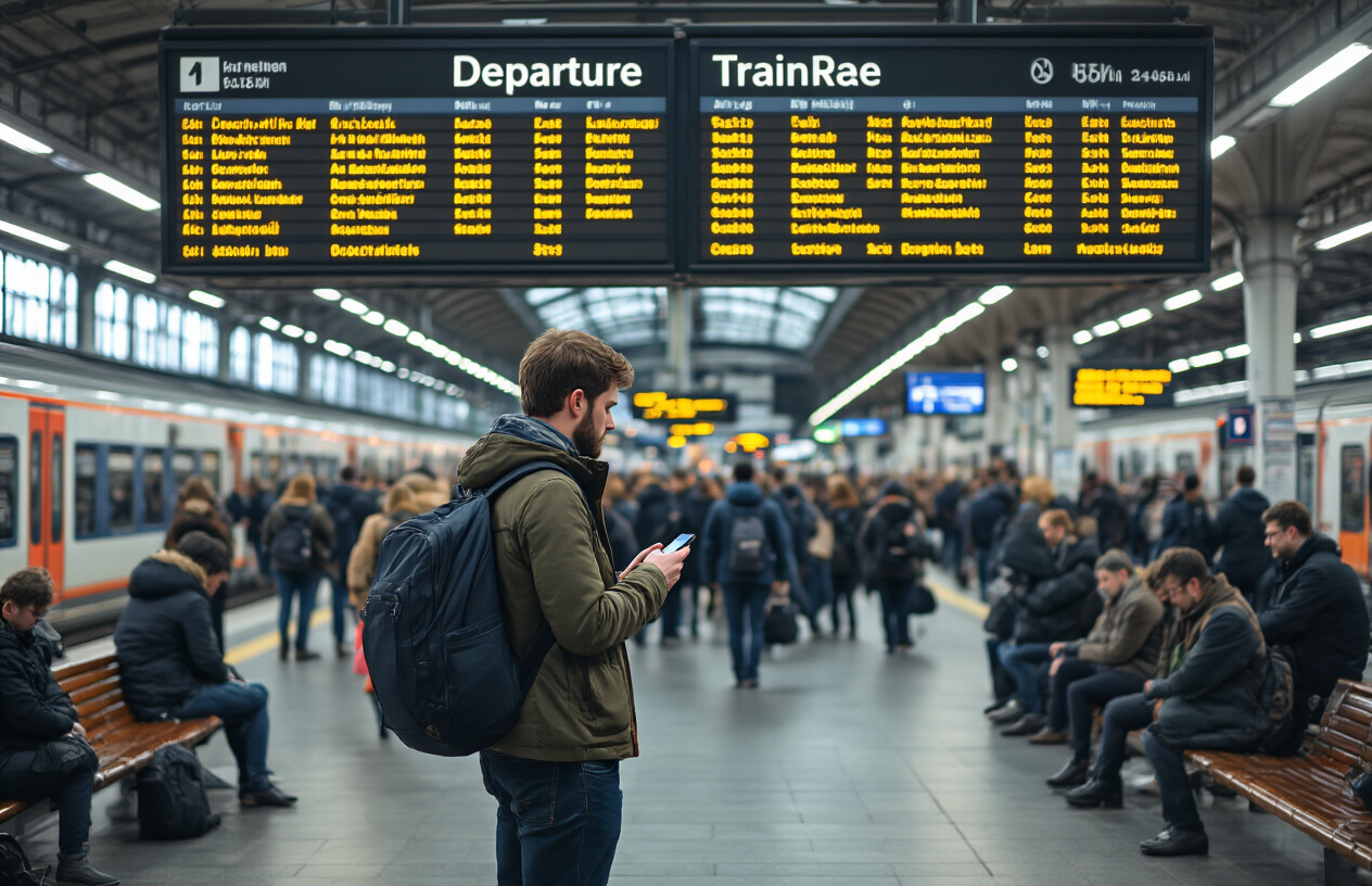 realistic image of a crowded German train station platform with a large departure board showing multiple train statuses, a white male traveler standing calmly with a backpack, checking his phone for updates, while other passengers around him look at the board or wait patiently on benches, the atmosphere conveying a sense of mild frustration but composed acceptance, with bright overhead station lighting casting a neutral tone over the busy scene, Absolutely NO text should be in the scene.