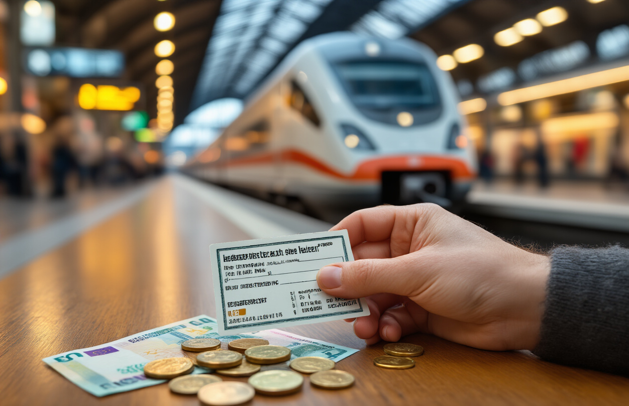 realistic image of a hand holding a German train ticket with euro coins and small banknotes spread out on a wooden table beside it, with a blurred background of a busy German train station platform featuring a sleek modern train, warm and inviting lighting creating a practical yet optimistic mood, suggesting smart budgeting for travel. Absolutely NO text should be in the scene.