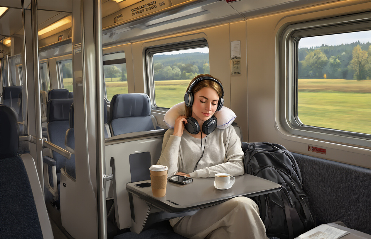 realistic image of a cozy and well-lit interior of a modern German intercity train, showing a white female passenger comfortably seated by a large window, relaxed and at ease, with a travel pillow around her neck, headphones on, and a coffee cup on the fold-out tray table, her backpack neatly stored on the overhead rack, the passing German countryside visible through the window, warm and soft lighting inside the train cabin creating a calm and stress-free atmosphere, other empty seats visible in the background giving a sense of spaciousness and comfort. Absolutely NO text should be in the scene.