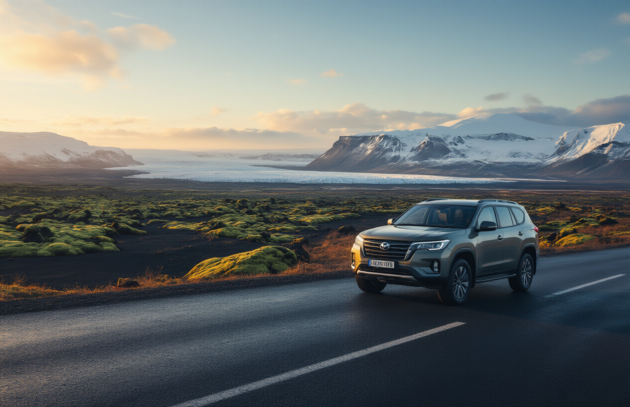 realistic image of a modern rental car parked on a scenic Icelandic road with dramatic volcanic landscape, snow-capped mountains, and a vast open highway stretching into the horizon, the car is a sturdy SUV in a neutral color, the scene is bathed in golden hour light with a clear sky transitioning into soft blues and oranges, conveying a sense of adventure, preparedness, and confidence, the road is well-lit and the surroundings feature Iceland's iconic mossy lava fields and distant glaciers, the overall mood is optimistic and inspiring, suggesting a successful and safe road trip journey, Absolutely NO text should be in the scene.