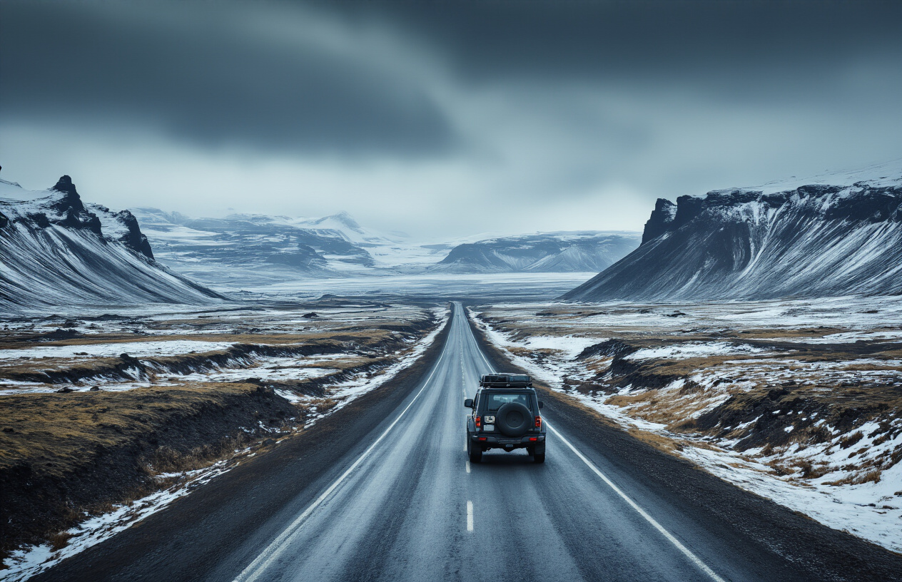 realistic image of a rugged Icelandic landscape with a narrow two-lane road stretching into the distance, surrounded by dramatic volcanic terrain, patches of snow, and a moody overcast sky with low clouds, a 4x4 SUV driving carefully on the road to convey the challenging and remote driving conditions, with dim natural light casting a cool blue-gray tone over the scene, evoking a sense of adventure and caution. Absolutely NO text should be in the scene.