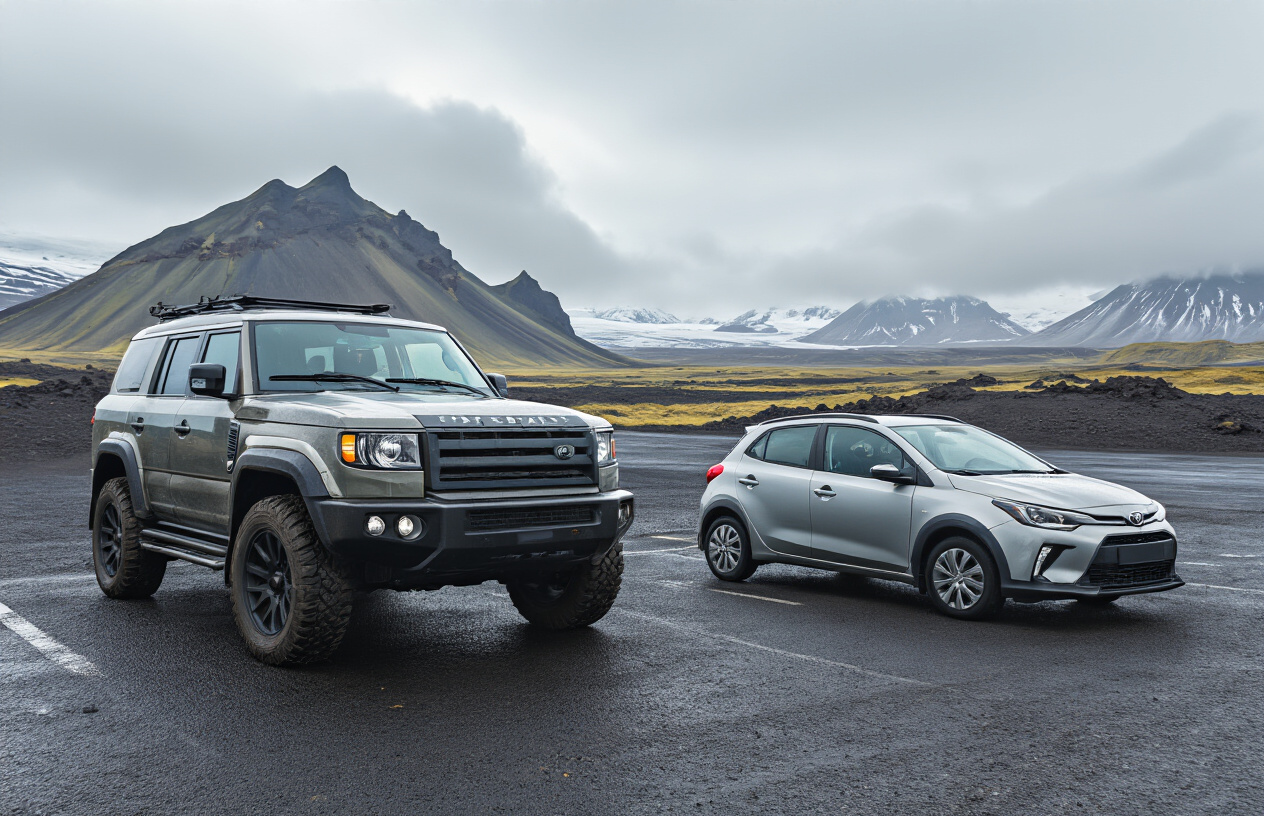 realistic image of a large 4x4 SUV and a smaller compact car parked side by side at an Icelandic rental car lot, with dramatic volcanic mountains and overcast skies in the background, conveying a sense of rugged adventure and practical decision-making, the scene lit with soft diffused natural light typical of Iceland's moody weather, with the vehicles prominently displayed to highlight the contrast in size and capability suitable for Iceland's challenging terrain. Absolutely NO text should be in the scene.