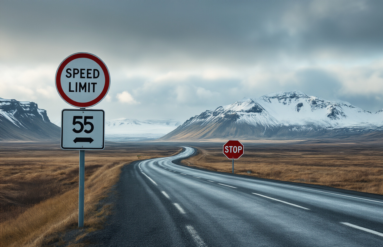 realistic image of an Icelandic road scene featuring a clearly visible speed limit sign and a stop sign along a two-lane highway, with a dramatic Icelandic landscape in the background including snow-capped mountains, a cloudy sky, and vast open terrain, the scene is captured in natural daylight with a slightly overcast atmosphere that emphasizes the remote and rugged Icelandic environment, giving the image an informative yet adventurous mood. Absolutely NO text should be in the scene.
