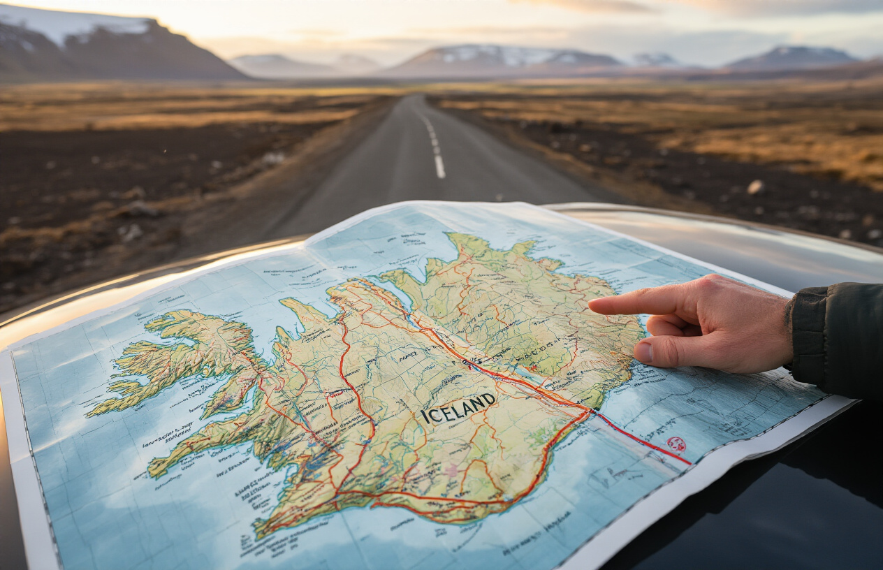 realistic image of a detailed road map of Iceland spread open on the hood of a rental car, with a finger pointing to a highlighted route along the iconic Ring Road, surrounded by Iceland's dramatic landscape of volcanic mountains and vast open terrain in the background, soft natural daylight casting a warm glow over the scene, conveying a sense of careful adventure planning. Absolutely NO text should be in the scene.