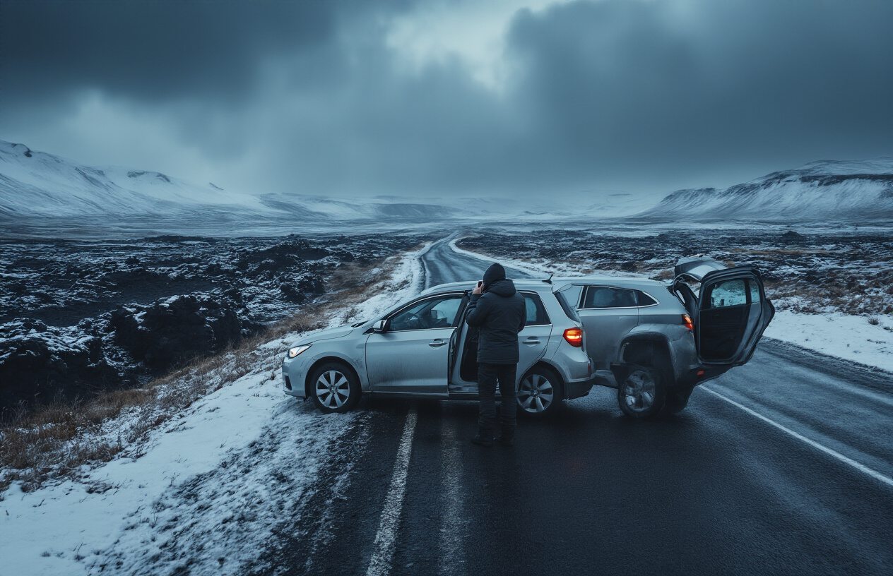 realistic image of a rental car pulled over on the side of a remote Icelandic road during harsh weather conditions, with a white male driver standing outside near the open car door, wearing a heavy winter jacket, using a mobile phone to call for help, surrounded by a dramatic Icelandic landscape with snow-dusted lava fields and dark storm clouds overhead, the scene conveying urgency and caution with cold, moody lighting emphasizing the isolation and the importance of emergency preparedness. Absolutely NO text should be in the scene.