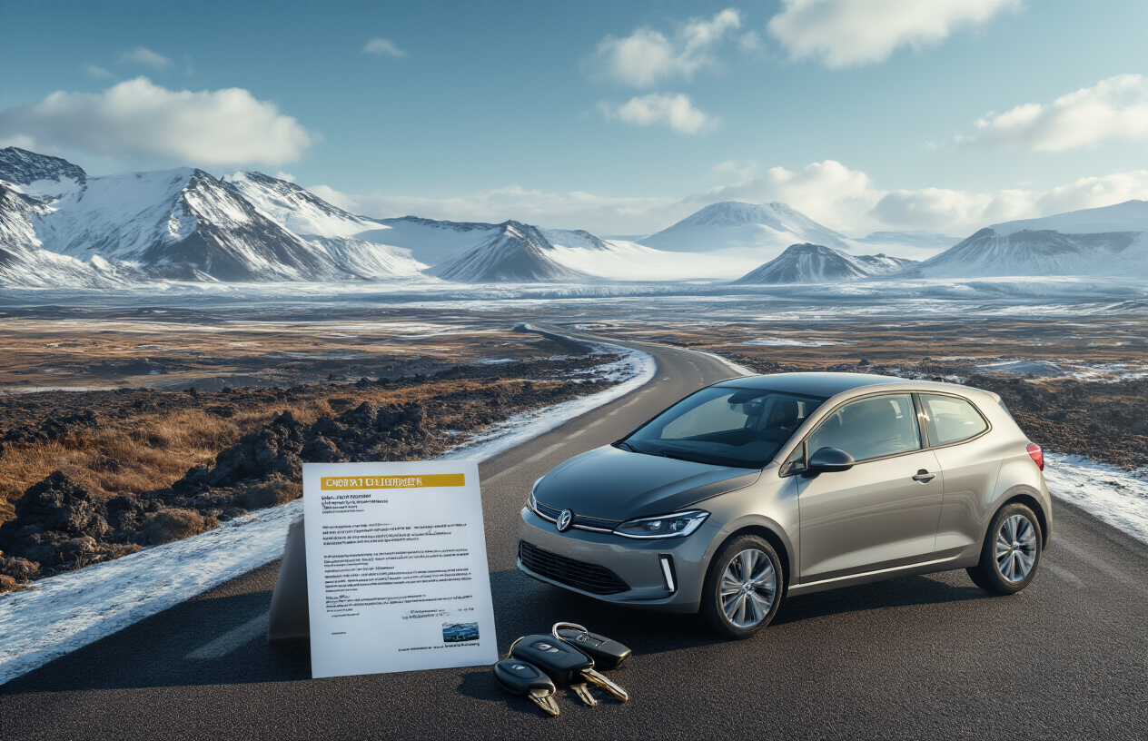 realistic image of a compact rental car parked beside a scenic Icelandic road with dramatic volcanic landscapes and snow-capped mountains in the background, with a printed rental agreement and a set of car keys resting on the hood, conveying a sense of smart budget-conscious travel planning, the scene is bathed in soft natural daylight with a clear sky, giving a bright and practical yet adventurous mood. Absolutely NO text should be in the scene.
