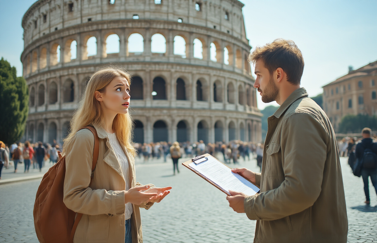 realistic image of a white female tourist looking confused and uncomfortable as a white male approaches her on a busy Italian street, holding out a clipboard with papers as if requesting a signature, with the Colosseum or a classic Roman piazza visible in the background, the scene lit by bright midday sunlight, conveying a sense of pressure and unease, Absolutely NO text should be in the scene.