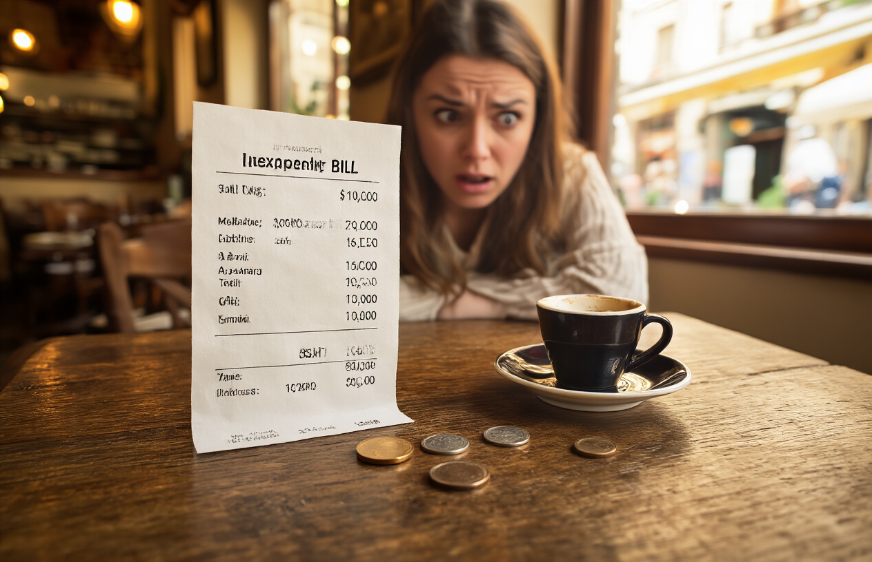 realistic image of a close-up shot of a restaurant bill or receipt on a rustic wooden table in an Italian cafe, with a small plate of espresso and a few coins beside it, the bill showing an unexpectedly high total suggested by a shocked expression on the face of a white female tourist looking down at the paper, warm Mediterranean lighting streaming through nearby windows, giving the scene a tense yet authentic Italian dining atmosphere, Absolutely NO text should be in the scene.