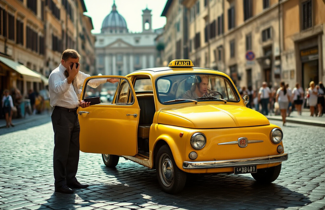 realistic image of a yellow Italian taxi cab parked on a cobblestone street in Rome, with a white male taxi driver standing beside the open passenger door, gesturing toward the meter inside the cab, while a confused white female tourist holds her wallet and looks at an unusually high fare on the taxi meter, the background showing iconic Italian architecture and busy street life, the scene lit with warm afternoon sunlight casting a slightly tense and suspicious mood. Absolutely NO text should be in the scene.