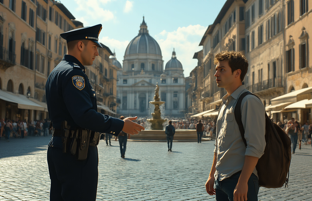 realistic image of a white male dressed in a fake or slightly mismatched police uniform approaching a nervous-looking tourist in a busy Italian piazza, with classic Italian architecture in the background, the scene lit in bright midday sunlight creating a tense and suspicious atmosphere, the fake officer gesturing authoritatively toward the tourist's wallet or bag in a subtle but intimidating way, cobblestone streets and a fountain visible in the background adding to the authentic Italian setting. Absolutely NO text should be in the scene.