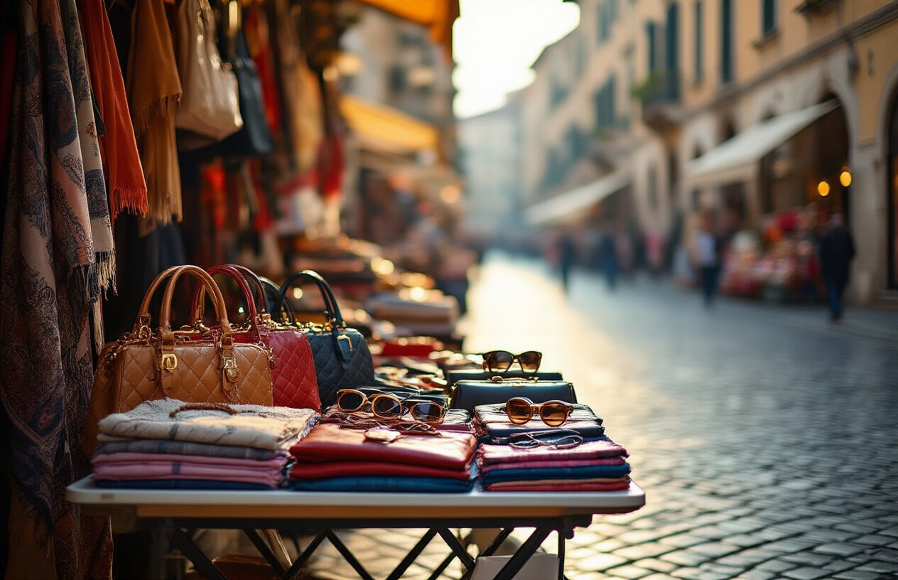 realistic image of a street market stall in Italy displaying counterfeit luxury goods such as fake designer handbags, sunglasses, and scarves neatly arranged on a folding table, with the blurred backdrop of a classic Italian cobblestone street and historic architecture, warm sunlight casting over the scene, giving it an enticing yet suspicious atmosphere, Absolutely NO text should be in the scene.