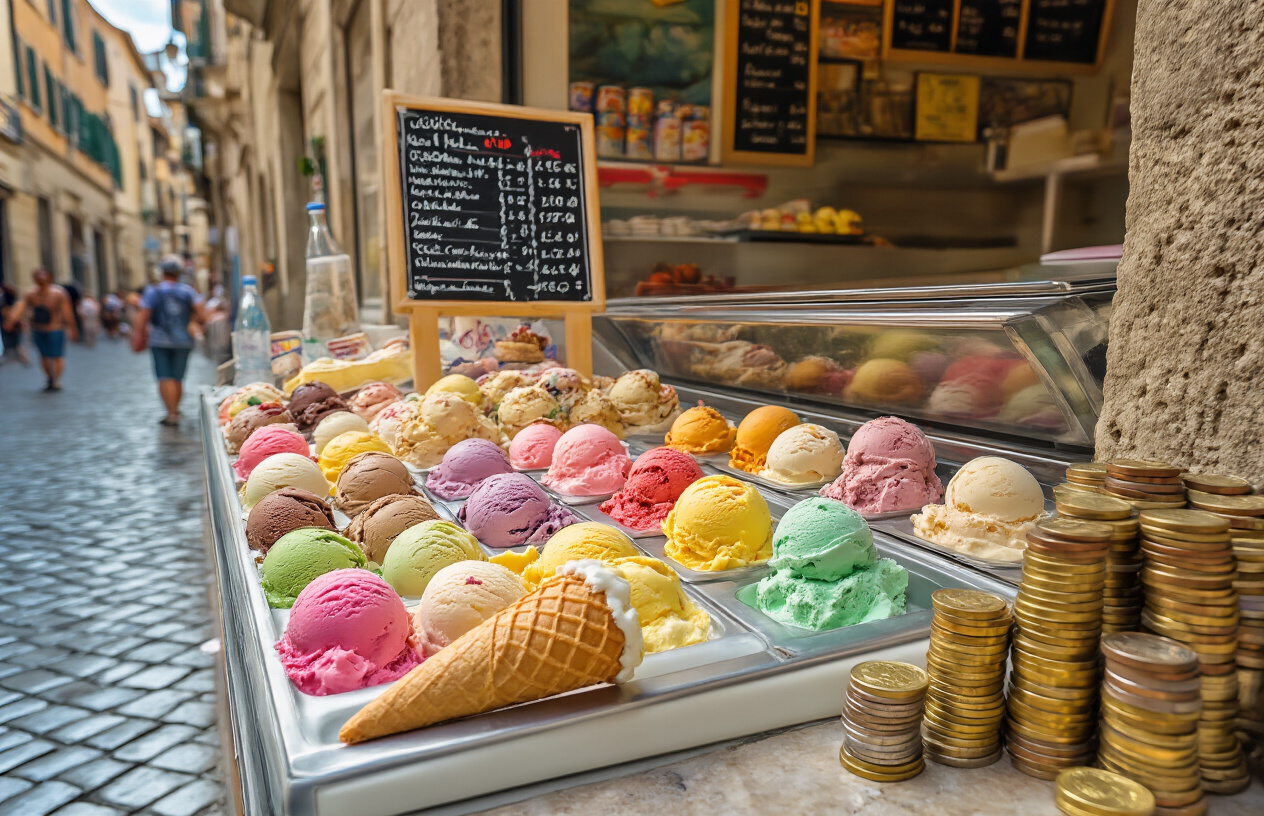 realistic image of a gelato shop display case filled with colorful scoops of gelato in a tourist area of Italy, with an overpriced menu board replaced by a visible stack of euro coins and bills next to a gelato cone and a small water bottle, highlighting the contrast between the appealing treats and the excessive cost, set in a bright, sunlit Italian street with a charming cobblestone background and a slightly tense, cautionary mood. Absolutely NO text should be in the scene.
