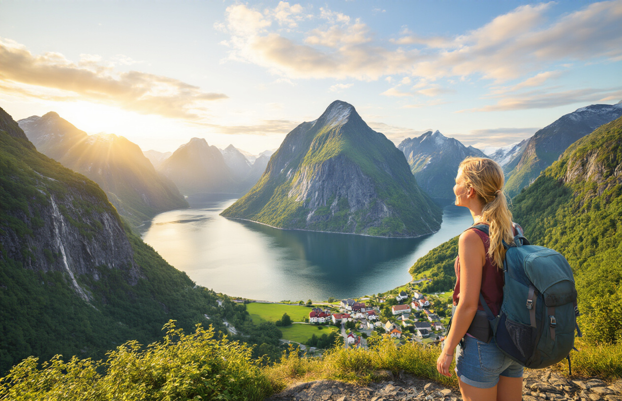 realistic image of a budget-conscious traveler, a white female, standing at the edge of a stunning Norwegian fjord viewpoint, smiling and looking out at the breathtaking landscape, with towering green cliffs, calm deep-blue fjord waters, and a small charming village nestled below, her backpack resting beside her suggesting affordable travel, the scene bathed in warm golden hour sunlight creating an inspiring and triumphant mood that conveys the satisfaction of experiencing Norway's natural beauty without overspending, Absolutely NO text should be in the scene.