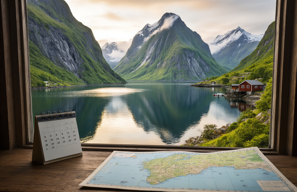 realistic image of a stunning Norwegian fjord landscape during the soft golden light of the shoulder season, with calm reflective waters surrounded by dramatic green-covered cliffs and misty mountains, a small rustic wooden cabin visible on the fjord's edge, a calendar and a travel planning map casually placed on a wooden table in the foreground near a window overlooking the fjord, conveying a sense of smart, peaceful travel planning with a budget-conscious yet adventurous mood, natural daylight filtering through with cool Nordic tones. Absolutely NO text should be in the scene.