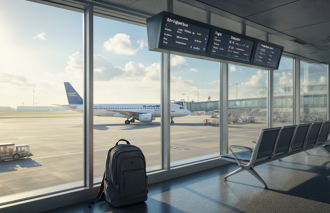 realistic image of a budget airline boarding gate at a European airport, with a large window overlooking the tarmac where a commercial airplane is parked, soft natural daylight streaming through the windows, a departure board displaying flight information, and a travel backpack resting on a seat in the foreground, conveying a sense of affordable travel planning and anticipation, with a calm and practical mood. Absolutely NO text should be in the scene.
