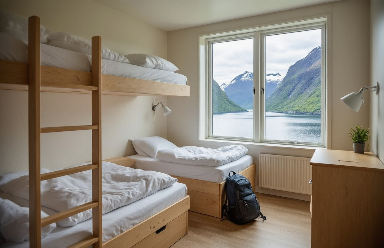 realistic image of a cozy and compact budget hostel dormitory room in Norway, featuring neatly arranged bunk beds with simple white bedding, a small wooden nightstand, and a backpack resting on the floor beside the bed, with a large window revealing a breathtaking Norwegian fjord landscape outside, soft natural daylight filling the room with a warm and inviting atmosphere, the scene conveying affordable yet comfortable travel accommodation. Absolutely NO text should be in the scene.