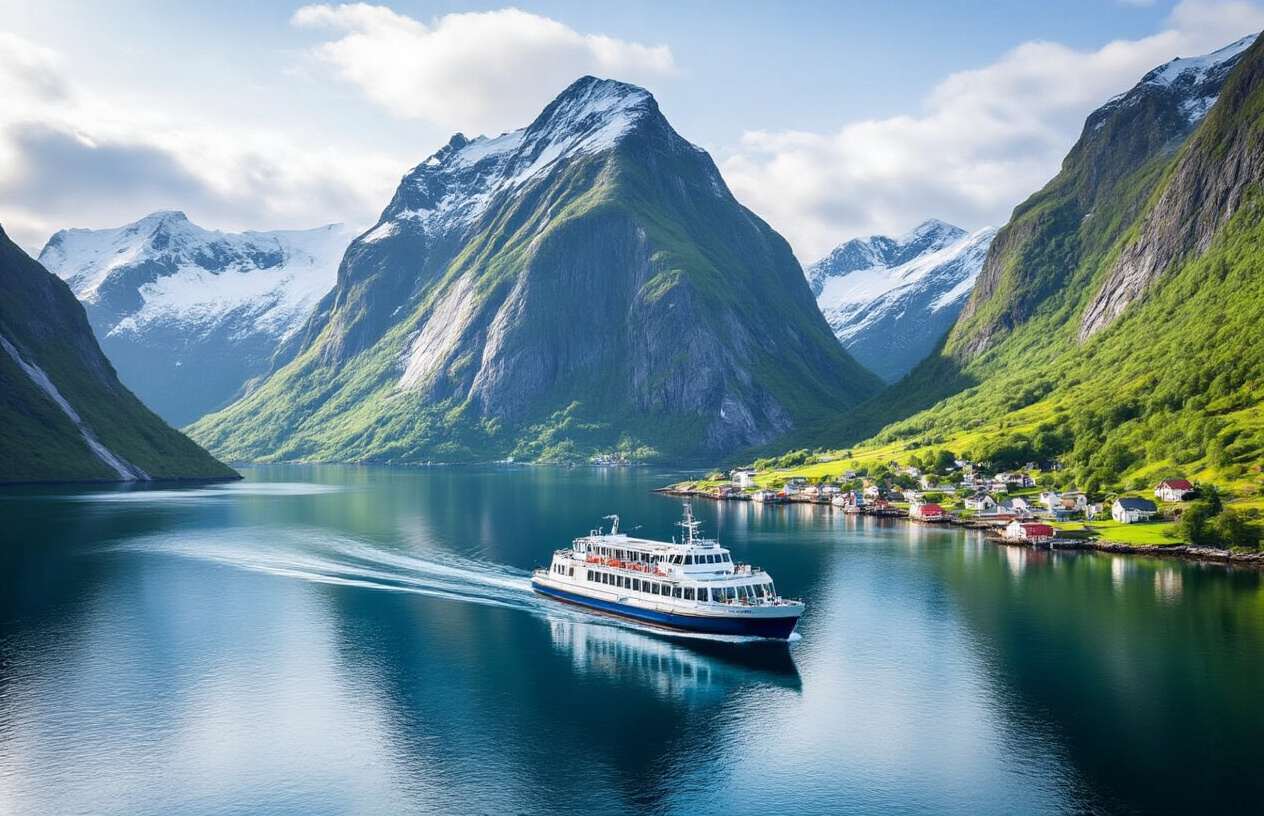 realistic image of a scenic Norwegian fjord landscape with a classic white and blue public ferry boat gliding across calm, deep blue water surrounded by dramatic steep green cliffs and snow-capped mountains in the background, with a small coastal village visible along the shoreline, the scene bathed in soft golden daylight creating a serene and budget-friendly travel atmosphere, Absolutely NO text should be in the scene.