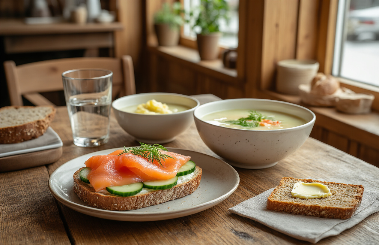 realistic image of a rustic wooden table set with affordable yet delicious Norwegian food, including a open-faced sandwich (smørbrød) topped with smoked salmon and cucumber, a bowl of creamy fish soup, and a simple side of crispbread with butter, accompanied by a glass of water, set in a cozy, warmly lit casual Norwegian cafe or kitchen with wooden interior elements and soft natural light streaming through a window, evoking a sense of budget-friendly comfort and simplicity. Absolutely NO text should be in the scene.