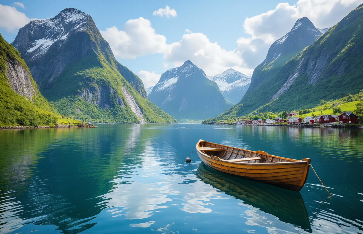 realistic image of a breathtaking Norwegian fjord landscape with towering cliffs, lush green slopes, and calm reflective blue water, featuring a budget-friendly wooden rowboat floating peacefully on the fjord, with a small rustic waterside village visible in the background, bathed in soft golden natural daylight that enhances the scenic beauty, evoking a sense of adventure and accessibility without luxury, Absolutely NO text should be in the scene.