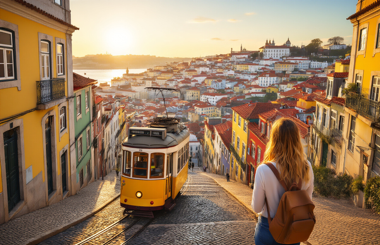 realistic image of a scenic overlook in Lisbon or Porto, Portugal, featuring a vintage yellow tram navigating a steep cobblestone hill lined with colorful traditional buildings, with a panoramic view of the city and river in the background, warm golden hour sunlight casting a welcoming glow over the cityscape, evoking a sense of successful exploration and confident travel, with a satisfied white female traveler standing at a viewpoint with a small backpack, looking out over the beautiful hilly cityscape, capturing the essence of mastering urban transport in Portugal's iconic cities. Absolutely NO text should be in the scene.