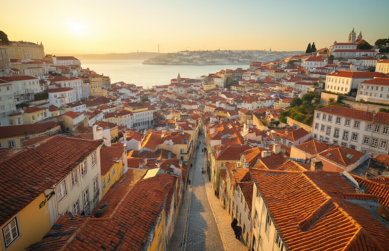 realistic image of a sweeping aerial view of Lisbon's iconic hilly cityscape, showcasing steep cobblestone streets winding between colorful terracotta-roofed buildings stacked dramatically across multiple hillsides, with the Tagus River gleaming in the background under warm golden afternoon light, conveying the challenging yet charming topography that defines Portugal's major cities, with a sense of scale that emphasizes the steep elevation changes between neighborhoods, captured in a cinematic wide-angle perspective with rich, warm Mediterranean tones. Absolutely NO text should be in the scene.