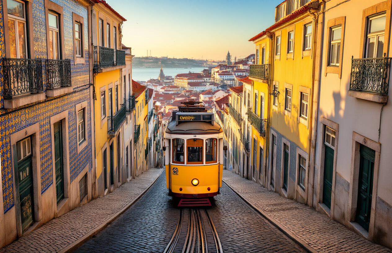 realistic image of Lisbon's iconic yellow tram navigating a narrow, cobblestone street lined with colorful tiled buildings on a steep hill, with the city's rooftops and the Tagus River visible in the background, captured in warm golden afternoon light that highlights the tram's vintage charm and the historic architecture, evoking a sense of timeless urban exploration. Absolutely NO text should be in the scene.