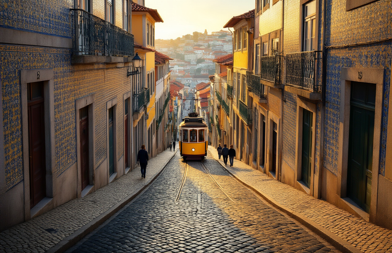 realistic image of a steep cobblestone street in Porto, Portugal, with traditional colorful tiled buildings lining both sides of the narrow incline, a historic yellow tram navigating the challenging hill in the background, and a few pedestrians carefully walking up the steep slope, warm golden afternoon sunlight casting long shadows across the uneven stone pavement, capturing the charming yet demanding topography of the city with a sense of authentic urban life. Absolutely NO text should be in the scene.