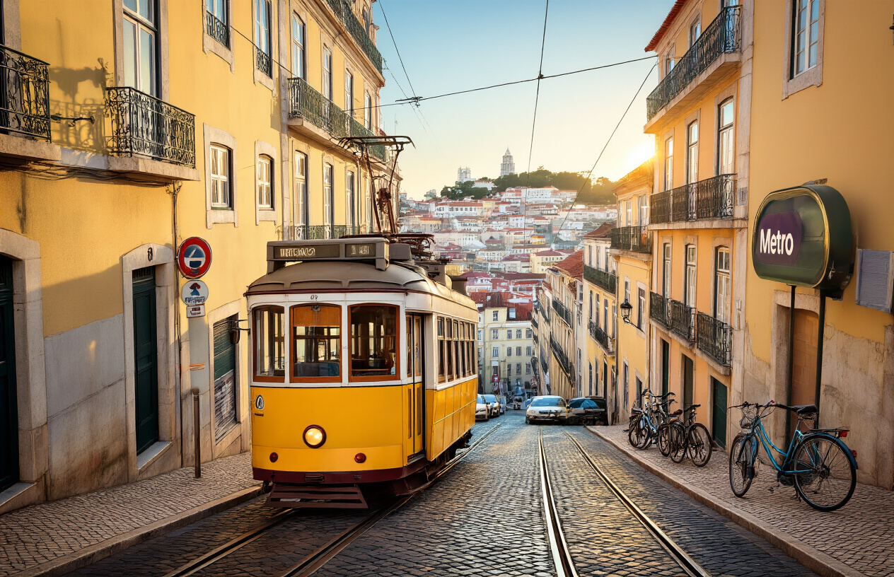 realistic image of a vibrant street scene in Lisbon, Portugal, showcasing multiple transport options side by side, including a vintage yellow tram on cobblestone tracks, a metro entrance sign, and bicycles parked nearby, with the iconic hilly cityscape and pastel-colored buildings in the background, warm golden sunlight illuminating the scene, conveying a sense of choice and urban mobility, Absolutely NO text should be in the scene.