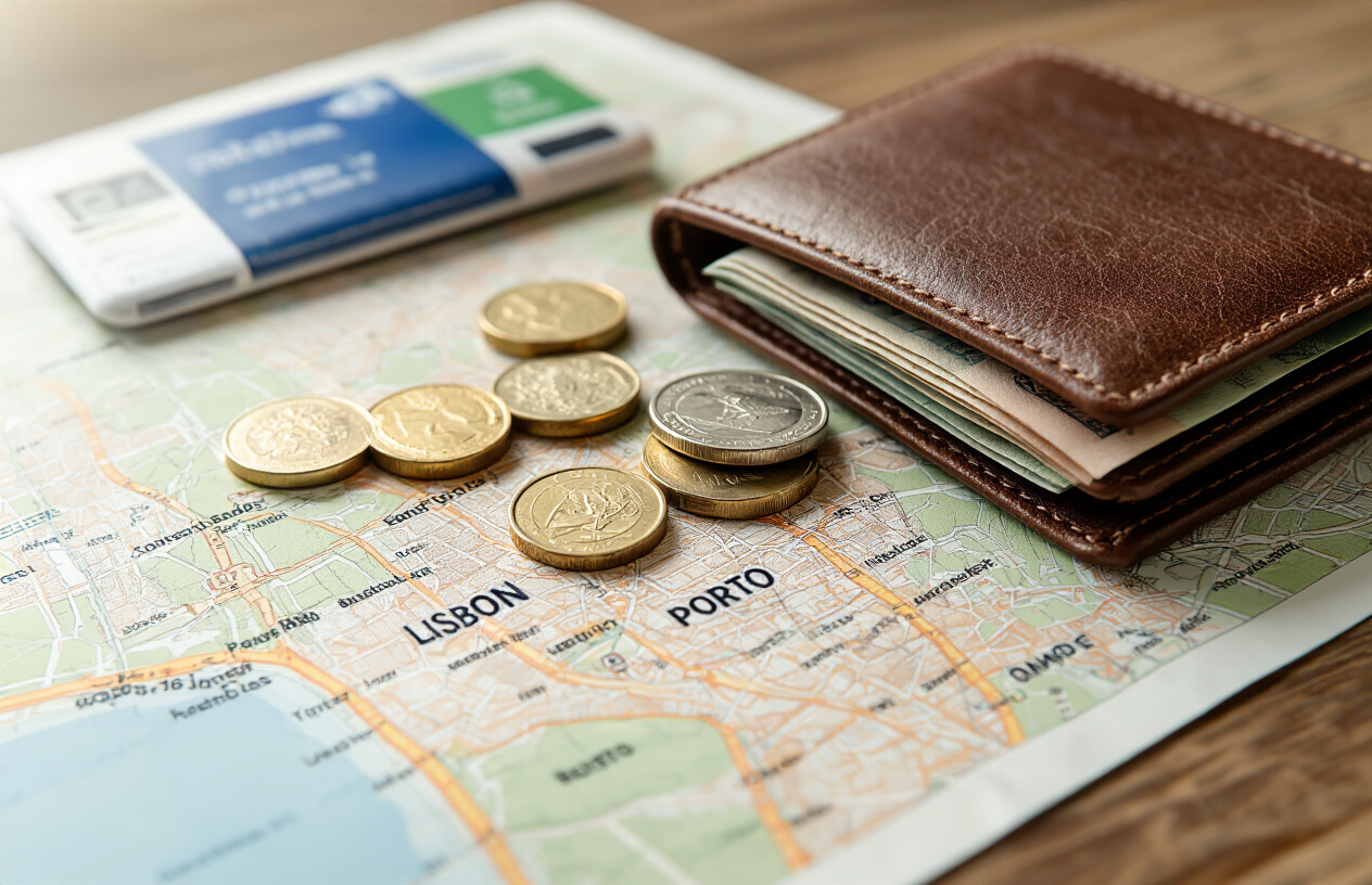 realistic image of a close-up view of an open wallet with a modest amount of euro coins and folded euro banknotes beside a public transport card and a crumpled metro or bus ticket, placed on a map showing Lisbon and Porto city layouts, with a soft natural light illuminating the scene from the side, evoking a practical and budget-conscious travel planning mood. Absolutely NO text should be in the scene.