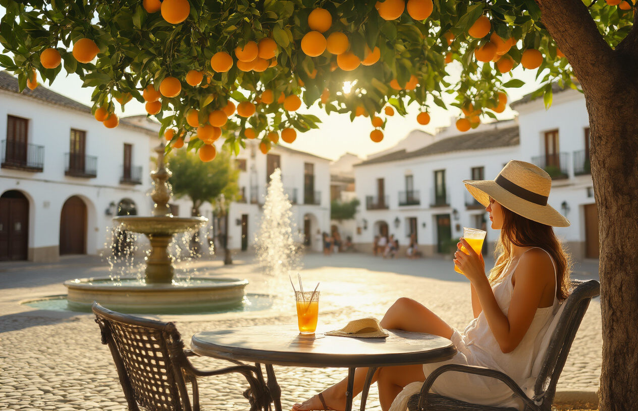 realistic image of a serene Spanish plaza during a hot summer day, featuring a white female tourist sitting comfortably in the shade of a large orange tree, wearing a light linen outfit and a wide-brimmed hat, sipping a cold drink, with a handheld fan resting on the table beside her, traditional whitewashed Spanish architecture glowing in the bright sunlight in the background, a gentle fountain adding a cooling ambiance to the scene, the overall mood feeling relaxed, refreshed, and triumphant over the summer heat, with warm golden sunlight casting soft shadows across the cobblestone plaza. Absolutely NO text should be in the scene.