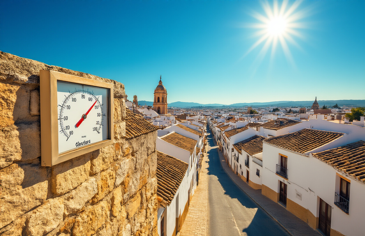 realistic image of a scorching summer day in Spain, showing a sun-drenched Spanish city landscape with iconic whitewashed buildings and terracotta rooftops shimmering under an intense midday sun, a large thermometer graphic mounted on a stone wall showing extreme heat, the streets visibly empty and baking in the harsh sunlight with heat waves rising from the pavement, a blazing sun positioned high in a cloudless deep blue sky casting sharp shadows, the overall mood conveying oppressive, sweltering heat, warm golden tones dominating the scene with bleached-out highlights emphasizing the intensity of the southern Spanish summer heat. Absolutely NO text should be in the scene.