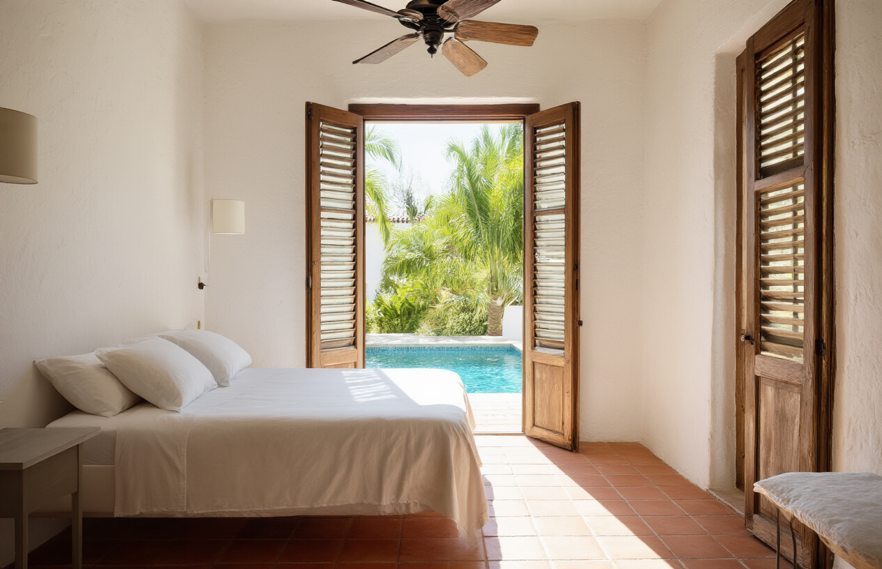 realistic image of a cool, shaded hotel room interior in Spain with white-washed walls, a ceiling fan spinning overhead, and a large open window with wooden shutters partially closed to block the harsh summer sunlight, showing a neatly made bed with light linen sheets, a small terracotta tiled floor, and a refreshing pool visible through the window in the bright sunny outdoor background, conveying a sense of relief from the summer heat with a calm and comfortable atmosphere, soft diffused indoor lighting contrasting with the intense golden sunlight outside. Absolutely NO text should be in the scene.