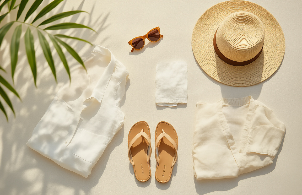 realistic image of a flat lay arrangement of summer clothing and accessories on a light-colored surface, featuring lightweight linen and cotton garments in white and pastel colors, a wide-brimmed sun hat, UV-protective sunglasses, and breathable sandals, with a subtle warm Spanish sunlight casting soft shadows across the scene, evoking a bright, airy, and practical summer travel aesthetic. Absolutely NO text should be in the scene.
