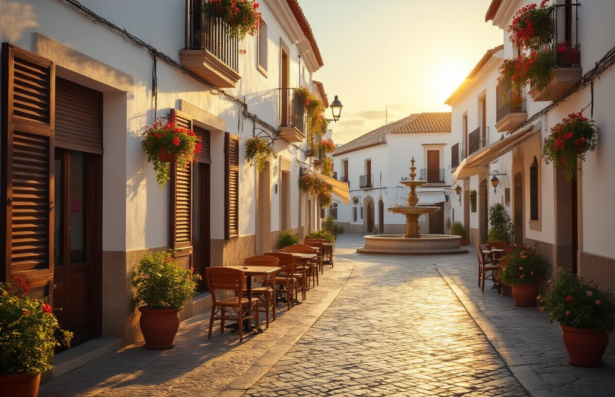 realistic image of a sunlit Spanish street scene during midday showing empty cobblestone streets with closed shutters and drawn blinds on whitewashed buildings, a shaded outdoor café terrace coming to life in the early evening with warm golden hour lighting, a small plaza with an ornate fountain at the center, terracotta pots with colorful flowers on balconies, and long shadows cast by the late afternoon sun suggesting the transition from siesta to evening activity, creating a peaceful and authentic Mediterranean atmosphere. Absolutely NO text should be in the scene.