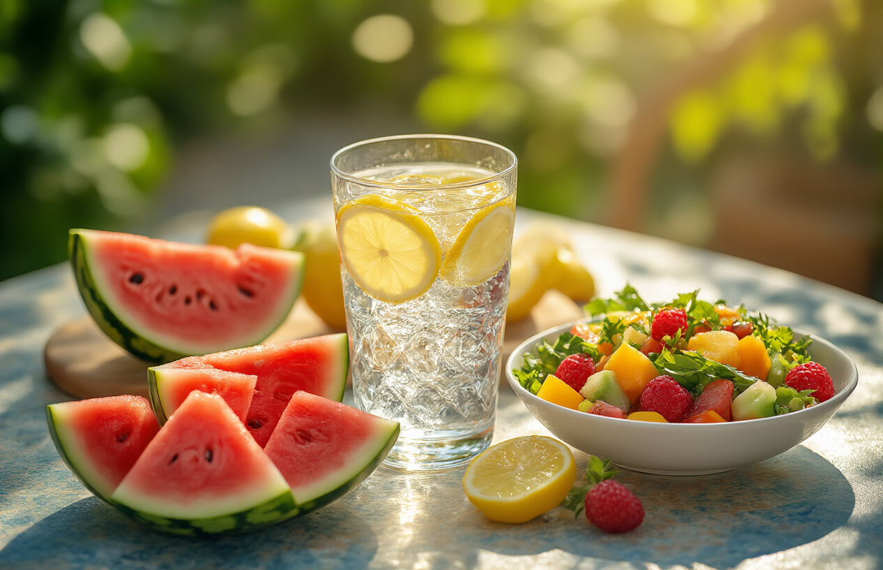 realistic image of a vibrant outdoor table in Spain during summer, featuring a refreshing spread of hydrating foods and drinks, including a glass of cold water with ice and lemon slices, fresh watermelon chunks, colorful fruits, and a light Mediterranean salad, set against a warm sunny background with soft dappled light, evoking a cool and refreshing mood amid the summer heat. Absolutely NO text should be in the scene.
