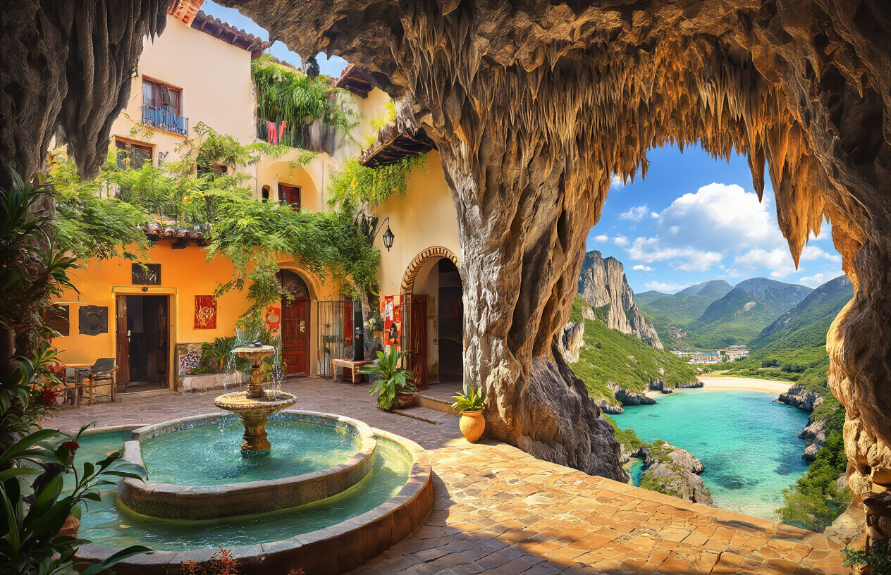 realistic image of a vibrant collage-style scene showcasing cool spots across Spain during summer, featuring a shaded flamenco courtyard with a refreshing fountain, a cool underground cave interior with stalactites, a breezy coastal beach with turquoise waters, and a lush green mountain valley, all bathed in warm golden sunlight contrasting with cool shaded areas, evoking a sense of adventure and refreshing escape from the summer heat. Absolutely NO text should be in the scene.