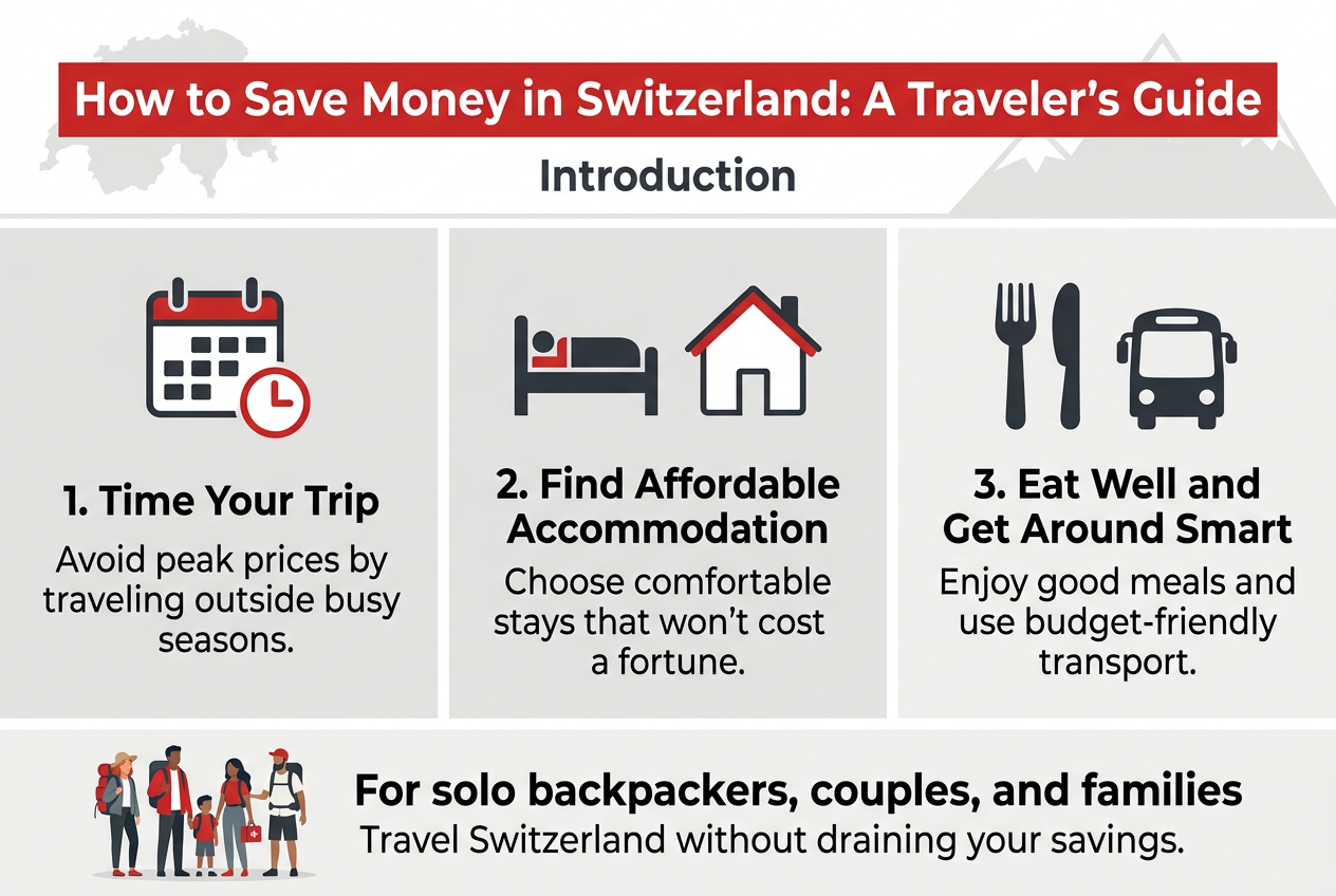 Aspect ratio 3:2, full-bleed infographic illustration, clean professional travel design with Swiss-inspired red, white, charcoal, and light gray palette, modern sans-serif fonts, bold title across the top.Top header area: large bold text in a red banner, "How to Save Money in Switzerland: A Traveler's Guide" with a smaller subtitle beneath it in dark gray, "Introduction"Main layout: three wide horizontal sections across the center in a 3-column grid, each with a simple icon and short text block, no narrow vertical stack.Left section: a calendar icon with a small clock symbol, heading text "1. Time Your Trip", and smaller text "Avoid peak prices by traveling outside busy seasons."Center section: a bed icon and a simple house outline, heading text "2. Find Affordable Accommodation", and smaller text "Choose comfortable stays that won’t cost a fortune."Right section: a fork and knife icon with a bus icon below it, heading text "3. Eat Well and Get Around Smart", and smaller text "Enjoy good meals and use budget-friendly transport."Bottom strip: a small diverse traveler group illustration on the left, with text to the right, "For solo backpackers, couples, and families", and a closing line below in slightly smaller text, "Travel Switzerland without draining your savings."Use clean spacing, subtle map or mountain silhouette accents in the background, crisp iconography, strong visual hierarchy, and a polished editorial infographic style.