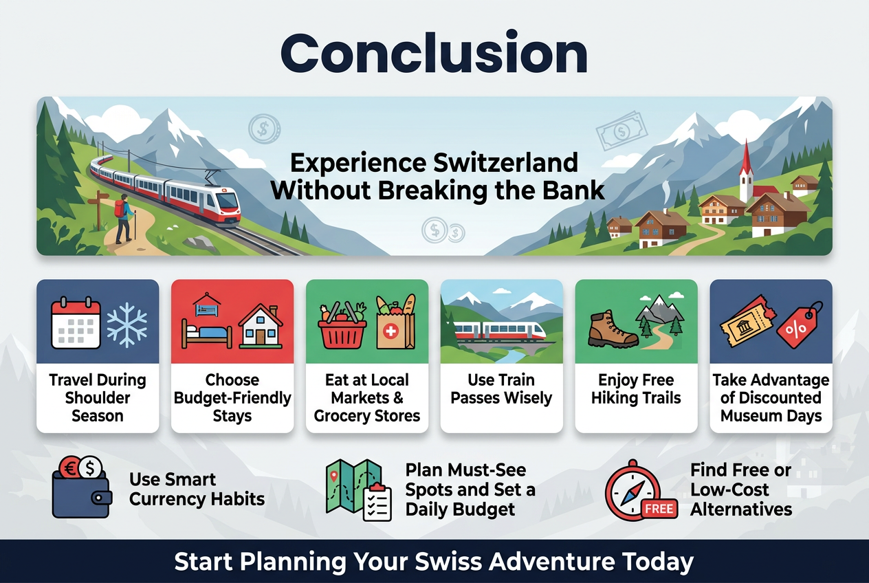 clean, professional full-bleed infographic illustration in a 3:2 aspect ratio about budget-friendly travel in Switzerland. Use a modern sans-serif font, bold dark navy heading, red and white Swiss-accent colors, light gray background with subtle mountain and village scenery. Place a large bold title at the top: "Conclusion". Arrange the content in a wide horizontal layout with 2 rows of colorful icon blocks and clear labels, not a vertical poster.Top section: a large hero banner with a Swiss mountain landscape, train, hiking trail, chalet village, and subtle currency icons. Overlay a short headline in bold: "Experience Switzerland Without Breaking the Bank".Middle section: 6 evenly spaced icon cards with simple flat icons and short text labels:1. A calendar and snowflake icon with text: "Travel During Shoulder Season"2. A hostel bed and vacation rental house icon with text: "Choose Budget-Friendly Stays"3. A market basket and grocery bag icon with text: "Eat at Local Markets & Grocery Stores"4. A scenic train icon with text: "Use Train Passes Wisely"5. A hiking boots and mountain trail icon with text: "Enjoy Free Hiking Trails"6. A museum ticket and discount tag icon with text: "Take Advantage of Discounted Museum Days"Bottom section: 3 smaller tip blocks with icons and bold labels:- A wallet and exchange-rate icon with text: "Use Smart Currency Habits"- A map and checklist icon with text: "Plan Must-See Spots and Set a Daily Budget"- A compass and free-sign icon with text: "Find Free or Low-Cost Alternatives"Include a closing callout bar across the bottom in bold text: "Start Planning Your Swiss Adventure Today". Use clean spacing, strong visual hierarchy, subtle drop shadows, crisp vector style, and balanced wide composition.
