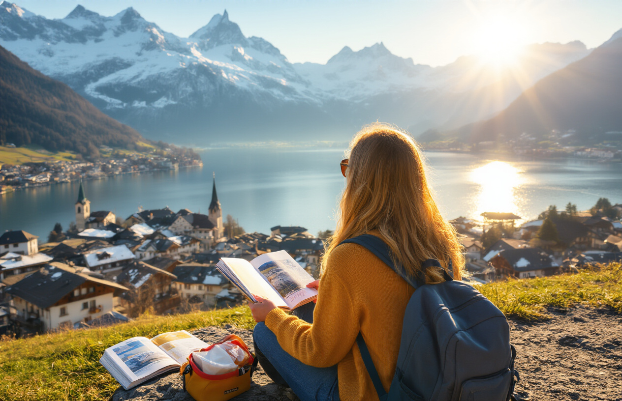realistic image of a happy white female traveler sitting at a scenic Swiss viewpoint overlooking snow-capped Alps and a charming lakeside village, with a open travel guidebook and a small budget-friendly packed lunch beside her, her backpack resting nearby, bathed in warm golden afternoon sunlight that creates an uplifting and accomplished mood, symbolizing smart and enjoyable budget travel in Switzerland. Absolutely NO text should be in the scene.
