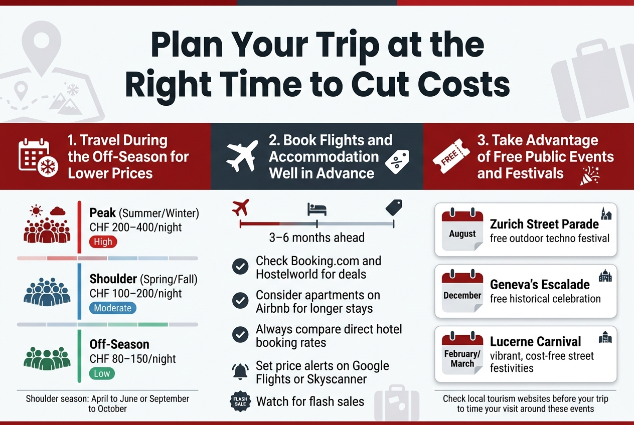 in a 3:2 aspect ratio with a full-bleed wide layout, no poster frame, no inset margins. Use a modern sans-serif font, strong visual hierarchy, and a Swiss-inspired palette of deep red, white, charcoal, and cool blue accents.Top center: bold large heading in dark charcoal text, exact wording: "Plan Your Trip at the Right Time to Cut Costs"Below the heading, arrange three wide horizontal sections across the page with clear icons and color-coded blocks.Left section: "1. Travel During the Off-Season for Lower Prices"Include a calendar icon and a mountain/snowflake icon. Use a split timeline graphic showing:"Peak (Summer/Winter)" with a crowded scene icon, red accent, and text: "CHF 200–400/night" and "High""Shoulder (Spring/Fall)" with a moderate crowd icon, blue accent, and text: "CHF 100–200/night" and "Moderate""Off-Season" with a low crowd icon, green accent, and text: "CHF 80–150/night" and "Low"Add a small note line beneath: "Shoulder season: April to June or September to October"Center section: "2. Book Flights and Accommodation Well in Advance"Include an airplane icon, a hotel bed icon, and a price tag icon. Show a simple booking timeline graphic labeled "3–6 months ahead". Add bullet points with checkmark icons:"Check Booking.com and Hostelworld for deals""Consider apartments on Airbnb for longer stays""Always compare direct hotel booking rates"Include a small alert bell icon and the text: "Set price alerts on Google Flights or Skyscanner"Add a small flash sale badge reading: "Watch for flash sales"Right section: "3. Take Advantage of Free Public Events and Festivals"Include a free event ticket icon and a festival confetti icon. Show three stacked event cards with date badges and small city icons:"Zurich Street Parade" with "August" and text: "free outdoor techno festival""Geneva's Escalade" with "December" and text: "free historical celebration""Lucerne Carnival" with "February/March" and text: "vibrant, cost-free street festivities"Add a small footer note in a thin line of text: "Check local tourism websites before your trip to time your visit around these events"Use subtle map-pin and suitcase motifs in the background, with clean spacing, crisp edges, and strong contrast. Keep the layout balanced, airy, and easy to scan, with clear section dividers and icon-led visual blocks.