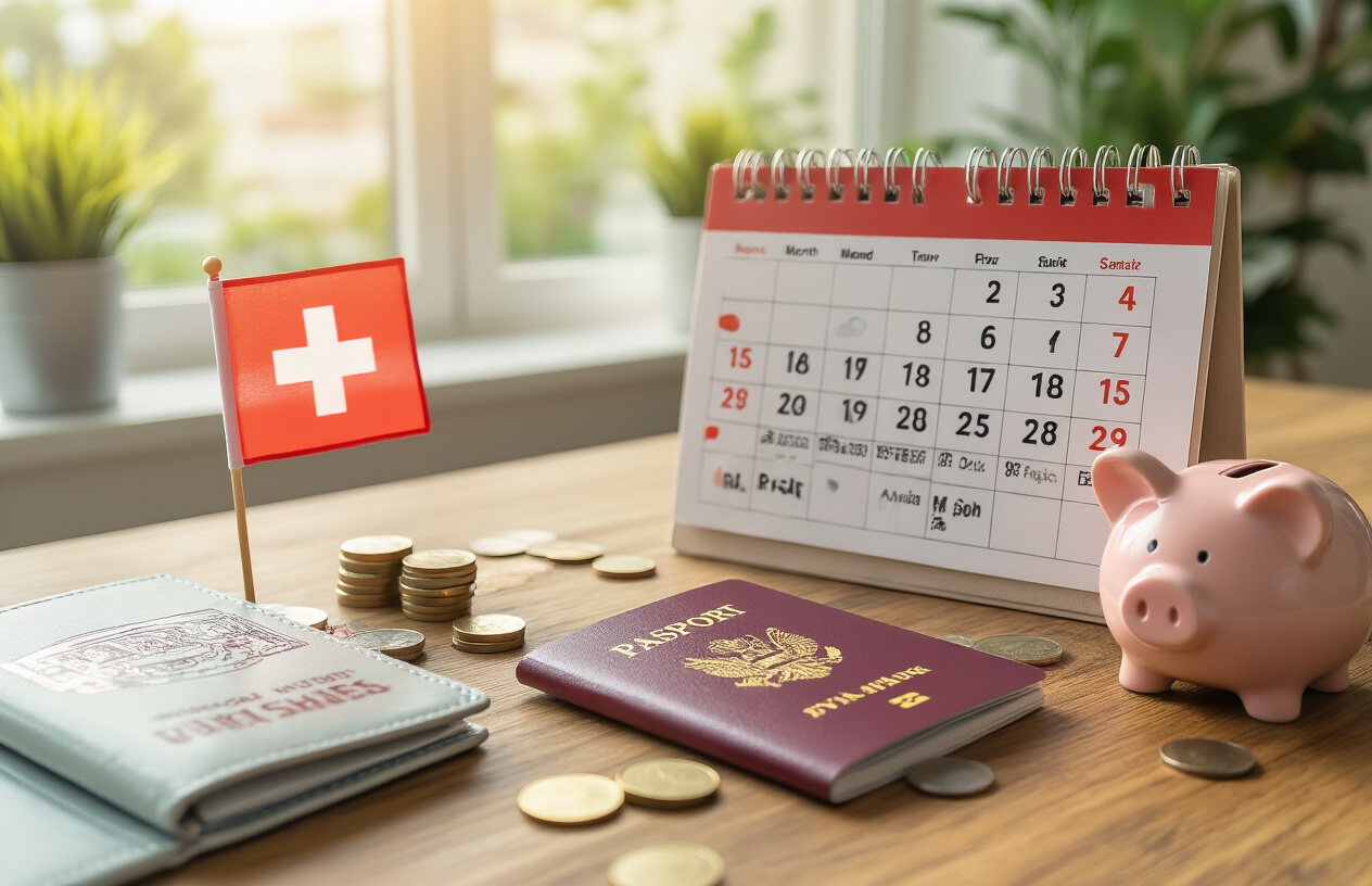 realistic image of a travel planning scene featuring a calendar on a wooden desk with certain months highlighted, placed next to a small Swiss flag, a passport, and a travel guidebook, with a piggy bank and some coins nearby suggesting budget savings, set in a bright and organized home office environment with warm natural lighting, conveying a sense of smart and strategic trip planning. Absolutely NO text should be in the scene.