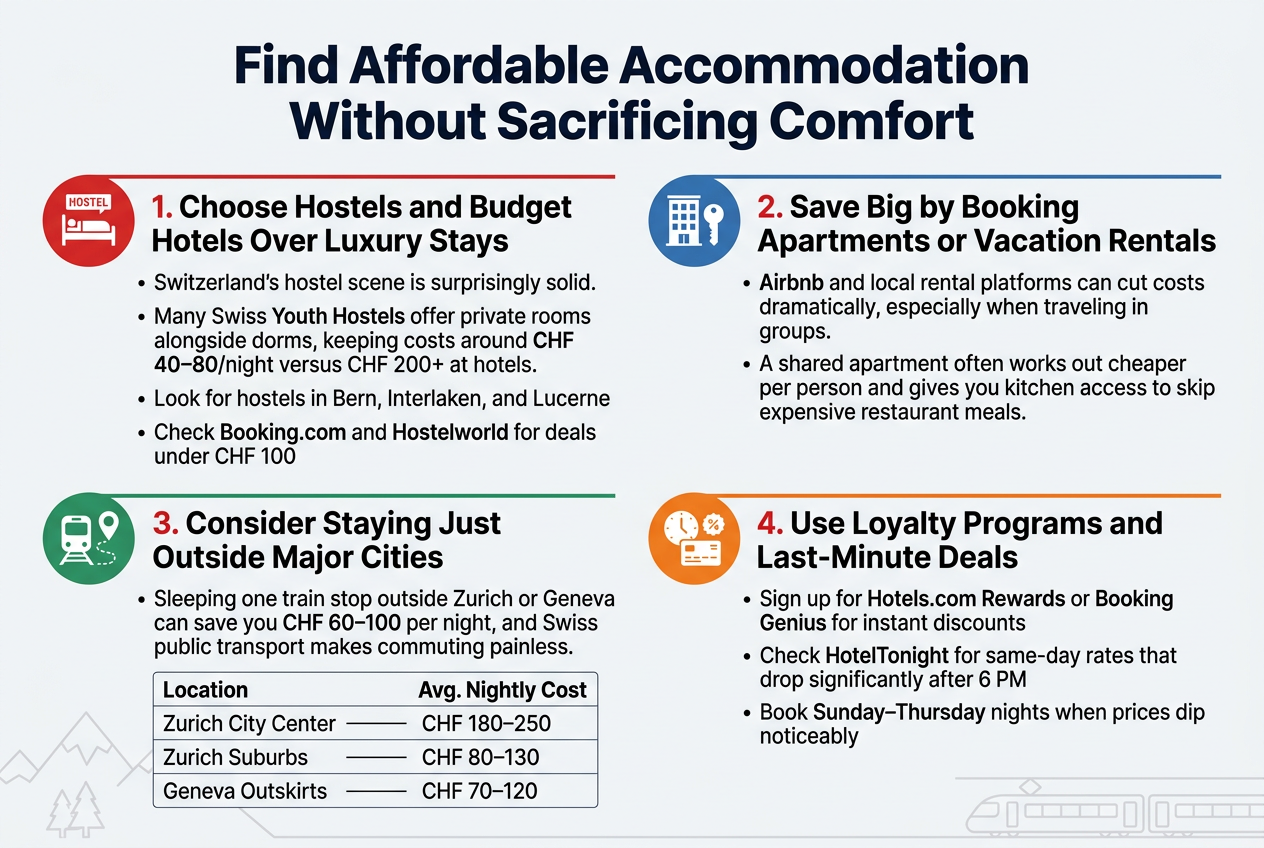 clean, professional full-bleed landscape infographic in 3:2 aspect ratio with a white background, Swiss-inspired red, navy, and light gray color palette, modern sans-serif fonts, bold hierarchy, and simple flat icons. Top center: large bold title in dark navy text: "Find Affordable Accommodation Without Sacrificing Comfort"Below the title, arrange four wide horizontal content blocks in a 2x2 grid across the page, each with a colored icon on the left, a bold section heading, and short bullet text. Use clear spacing, thin gray dividers, and red accent lines.Top left block:- Icon: a small bed and hostel building icon in a red circle- Heading: "1. Choose Hostels and Budget Hotels Over Luxury Stays"- Body text:  "Switzerland's hostel scene is surprisingly solid."  "Many Swiss Youth Hostels offer private rooms alongside dorms, keeping costs around CHF 40–80/night versus CHF 200+ at hotels."  "Look for hostels in Bern, Interlaken, and Lucerne"  "Check Booking.com and Hostelworld for deals under CHF 100"Top right block:- Icon: an apartment building and key icon in a blue circle- Heading: "2. Save Big by Booking Apartments or Vacation Rentals"- Body text:  "Airbnb and local rental platforms can cut costs dramatically, especially when traveling in groups."  "A shared apartment often works out cheaper per person and gives you kitchen access to skip expensive restaurant meals."Bottom left block:- Icon: a train and map pin icon in a green circle- Heading: "3. Consider Staying Just Outside Major Cities"- Body text:  "Sleeping one train stop outside Zurich or Geneva can save you CHF 60–100 per night, and Swiss public transport makes commuting painless."- Include a small comparison table beneath in a neat boxed layout with headers:  "Location" and "Avg. Nightly Cost"  Rows:  "Zurich City Center" — "CHF 180–250"  "Zurich Suburbs" — "CHF 80–130"  "Geneva Outskirts" — "CHF 70–120"Bottom right block:- Icon: a clock, discount tag, and loyalty card icon in an orange circle- Heading: "4. Use Loyalty Programs and Last-Minute Deals"- Body text:  "Sign up for Hotels.com Rewards or Booking Genius for instant discounts"  "Check HotelTonight for same-day rates that drop significantly after 6 PM"  "Book Sunday–Thursday nights when prices dip noticeably"Add subtle decorative Swiss mountain and train-line line art faintly in the background along the bottom edge. Keep all text crisp, fully legible, evenly aligned, and visually balanced with strong section separation. Use bold red section numbers, dark navy headings, and gray body text.
